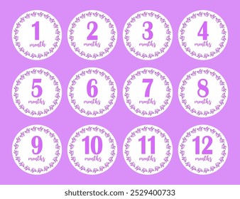 12 months stickers for the first year of the baby girl's life. Purple flowers on white background. Vector design.