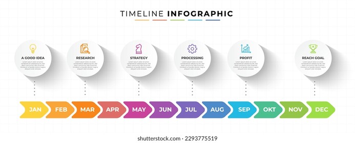 Diseño infográfico de la línea de tiempo de 12 meses con 6 pasos