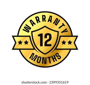 12 months warranty. Shield, stars, ribbon circle gold label. For icon, logo, seal, tag, sign, symbol, badge, stamp, sticker, etc. Vector