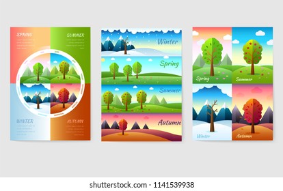 12 Months of the Year. Weather year information set. Seasons banners. Infographic concept background. Layout illustrations template pages with typography