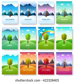 12 Months of the Year. Weather year information set. Seasons banners. Infographic concept background. Layout illustrations template pages with typography text