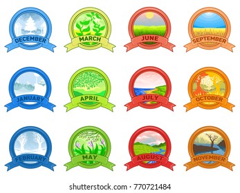 12 Months of the Year. Weather year information set. Illustration of a nature background in a round shape of the logo.