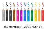 12 multicolor wooden pencils and pencil strokes. Isolated on white background. Names of colors: white, black, grey, brown, pink, purple, blue, cyan, green, yellow, orange, red.  Vector illustration.