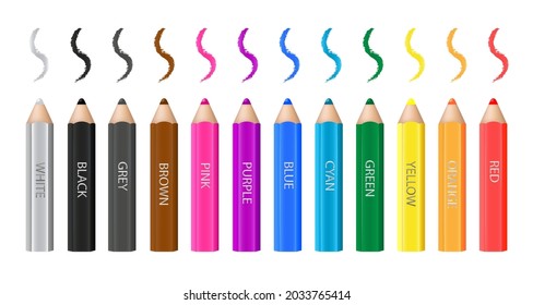 12 multicolor wooden pencils and pencil strokes. Isolated on white background. Names of colors: white, black, grey, brown, pink, purple, blue, cyan, green, yellow, orange, red.  Vector illustration.