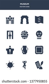 12 museum vector icons such as poetry, ballet, ink, frame, ceramic contains information desk, anthropology, mummy, metal detector, trifold, arc icons