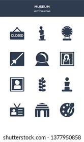 12 museum vector icons such as palette, antic architecture, visitor, bust, botanical contains portrait, gioconda, souvenir, museum fencing, porcelain, venus de milo icons