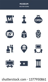 12 museum vector icons such as antique column, museum ticket, museum canvas, exhibition, map contains sculpture, african mask, roman or greek helmet, no photo, open, statue icons