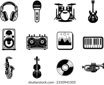 12 music icon set, Guitar, microphone, headphones. Jazz saxophone, violin, guitar bundle, black outlines vector