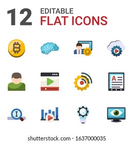 12 network flat icons set isolated on white background. Icons set with bitcoin, AI Architecture, social media management, User, media player, Streaming service, Search engine icons.