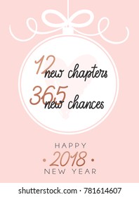 12 new chapters 365 new chances new year card. trendy pink design with golden elements and lettering. new year greeting card.