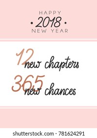 
12 new chapters 365 new chances new year card. trendy pink design with golden elements and lettering. new year greeting card.