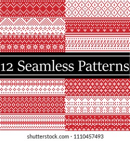 12 Nordic style vector patterns  inspired by Scandinavian Christmas, festive winter seamless pattern in cross stitch with heart, snowflake, Christmas tree, snow, decorative ornaments red, white 
