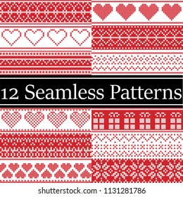 12 Nordic style vector seamless Christmas  patterns  inspired by Scandinavian Christmas, festive winter in cross stitch with heart, snowflake, star,  snow, Christmas tree,  decorative ornaments in red