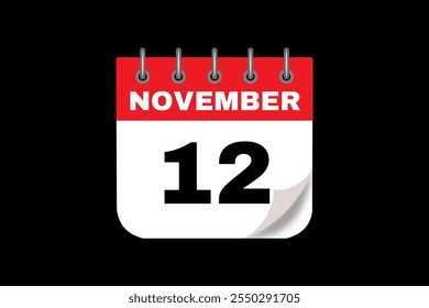 12 November calendar icon text page monthly web design on red, white and black background vector, icon, or illustration with the month of November 12