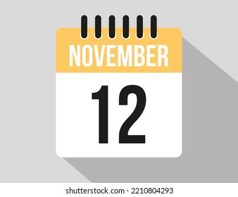 12 November calendar vector icon. Yellow november date for the days of the month and week