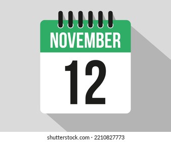 12 November calendar vector icon. Green November date for the days of the month and week