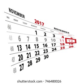 12 November highlighted on calendar 2017. Week starts from Monday. Vector Illustration.