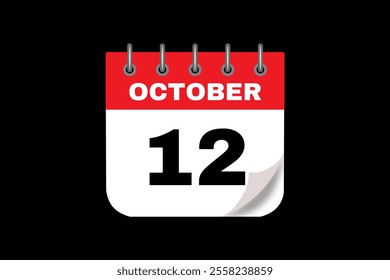 12 October calendar icon text page monthly web design on red, white and black background vector, icon, or illustration with the month of October 12