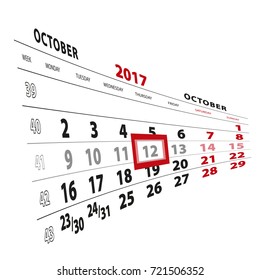 12 October highlighted on calendar 2017. Week starts from Monday. Vector Illustration.
