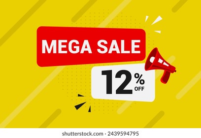 12% off discount. Twelve percent off Mega sale banner promotion template. Yellow background. Special deal label design. Vector illustration.