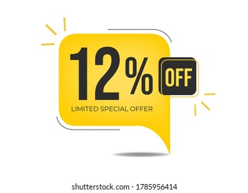 12% off limited special offer. Banner with twelve percent discount on a yellow square balloon.