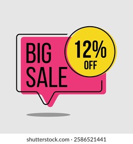 12% off limited time offer or discount banner - Big Sale, pink label with yellow twelve percent circle on light gray background. Illustrated label, vector, for promotion.