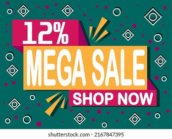 12% off mega sale. Banner with 12% off icon. Shop now for online sales.