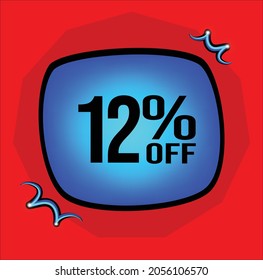 12% off , 12 percent, blue retangle, Red background, number percent twelve off .