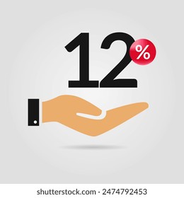 12% off promotion. Twelve percent of discount with hand icon. Sale symbol. Discount creative composition. Vector illustration.