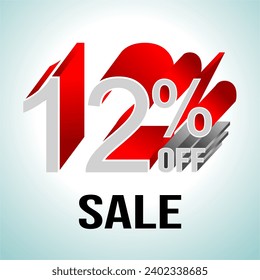 12% OFF Promotional Discount Lettering in Gray Colors and Shadow with Red Extrusion Effect with Two Colors on Background