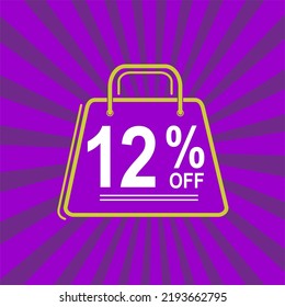 12% off. Purple, white and yellow banner with twelve percent discount. Shopping bag concept vector.