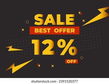 12% off sale best offer. Sale banner with twelve percent of discount, coupon or voucher vector illustration. Yellow and red template for campaign or promotion.