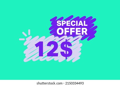 12$ OFF Sale Discount banner shape template. Super Sale 12 Dollar Special offer badge end of the season sale coupon bubble icon. Modern concept design. Discount offer price tag vector illustration.