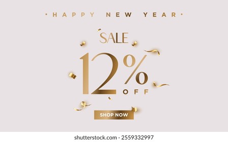 12% off Sale Happy New Year. Twelve percent promotion illustration. Shop now. Winter holiday poster with discount coupon. Gold Vector.