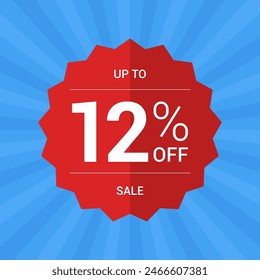 Up to 12% off sale promotion. Twelve percent sale tag symbol. Promotion flat vector badge graphic. Red Sticker emblem. Modern design on blue background.