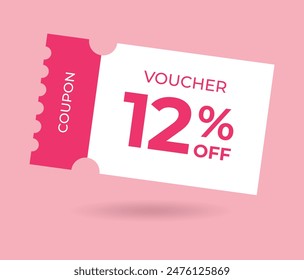 12% off Sale Voucher Coupon. Twelve percent promotion illustration. Tag label, sale banner with discount coupon. Pink Vector gift voucher.