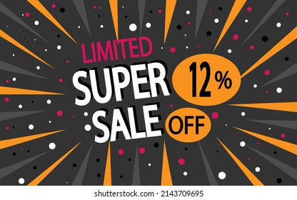 12% off. Super sale banner. Discount for stores and promotion with dark background