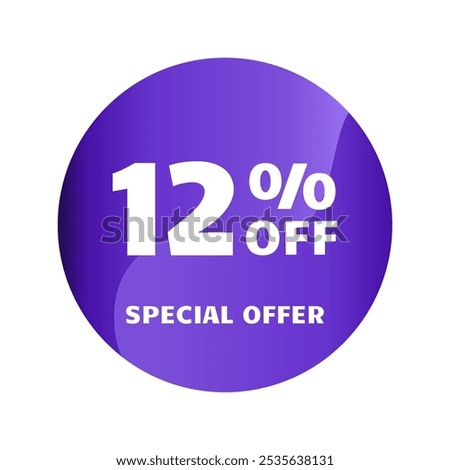 12% off. Twelve percent off, Special Offer. Discount sale banner design template. Discount tag. Vector illustration. Purple Design.