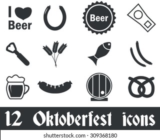 12 Oktoberfest icons set, black, on white background