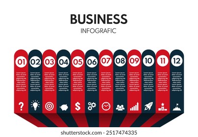 12 options business infographic, steps to success, red and black two colors vector illustration