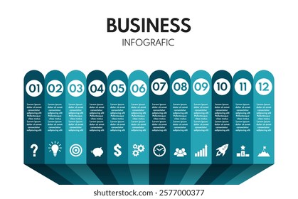 12 options business infographic, steps to success, blue vector illustration