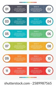 12 options business infographic template, theme of one side rounded corner rectangular shape with number on circle button