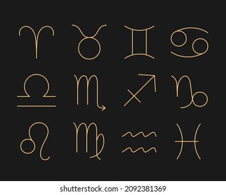 12 Outline Style Zodiac Signs Capricorn Aquarius Pisces Aries Taurus Gemini Cancer Leo Virgo Libra Scorpio Sagittarius - Gold on  Black Background