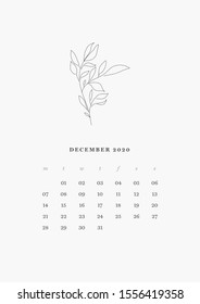 12 Page - DECEMBER 2020 – Wall or Desk Art Calendar 2020 Printable Vector Template. Daily Planner 2020. 12 Line art Flowers Illustration. Floral Minimal and Elegant Diary Calendar 2020 Design.