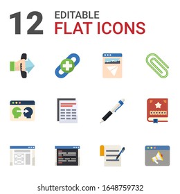 12 page flat icons set isolated on white background. Icons set with Call To Action, link building, Landing page, Information Architecture, Sheet, Paperclip, wireframe, coding icons.