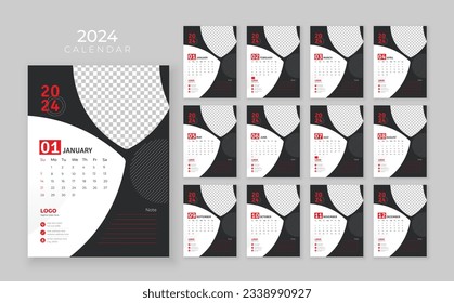 12 page wall calendar 2024, Company Calendar template, Week start Sunday, Wall calendar in a minimalist style