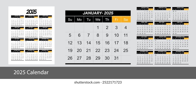 12 Pages for 2025 Monthly Calendar Template and one page wall calendar template. Clean and Simple Design ready to print. 2025 Wall and office desk Planner Calendar.