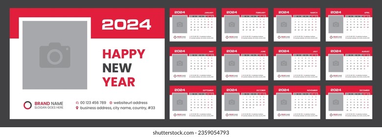 12 Pages Desk Calendar 2024, Print ready, 300 dpi, fully editable, Vector layout of a wall or desk simple calendar