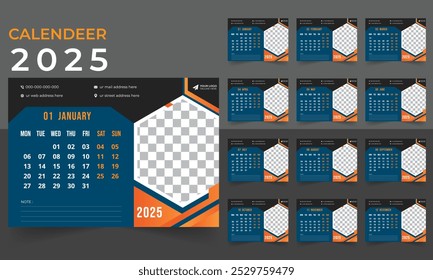 12 pages desk calendar 2025 planner corporate template design set. Week starts on Monday. 
