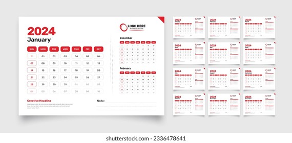 12 páginas diseño minimalista de plantillas de calendario profesional de escritorio corporativo con fechas del mes anterior y siguiente para 2024